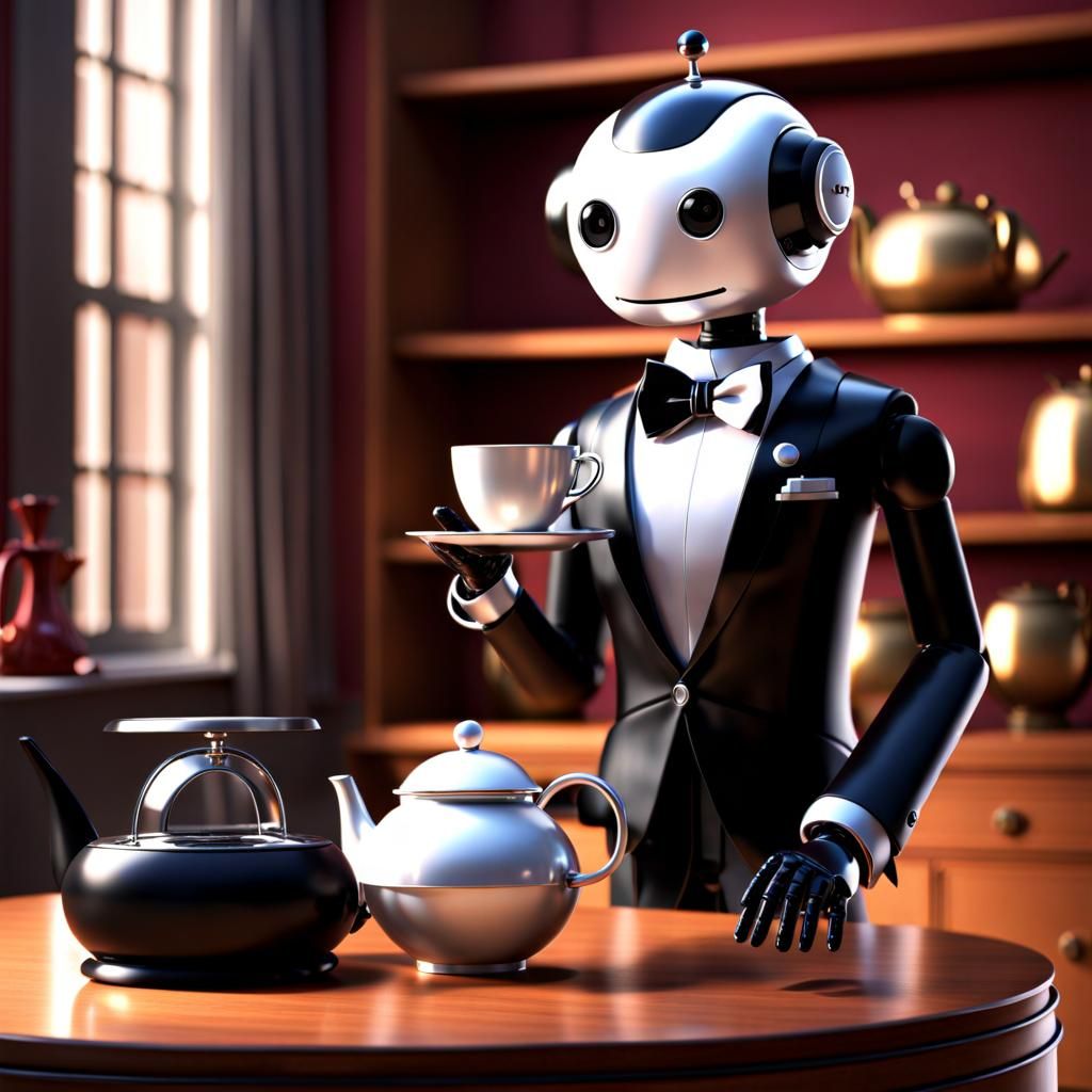 Polite Robot Butler Serving Tea, Pixar Style