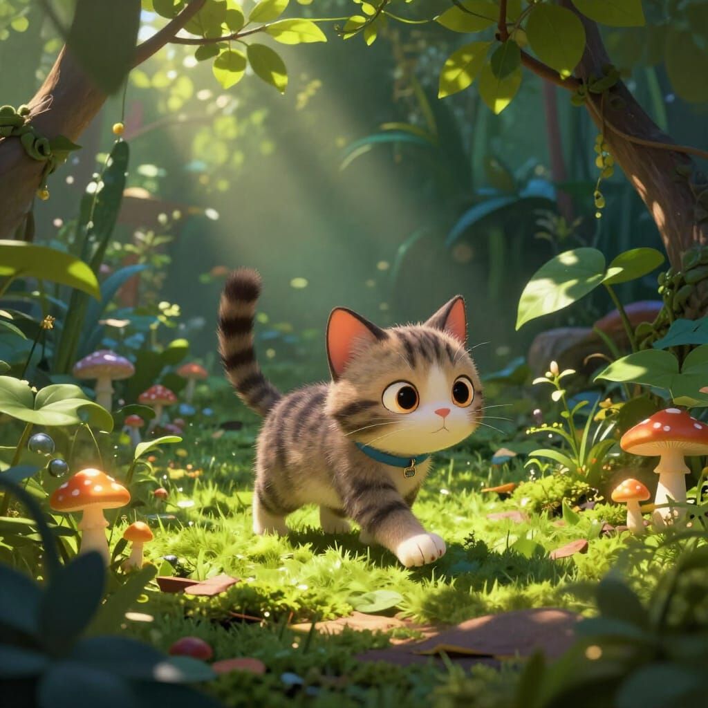 Cartoon Cat in Lush Garden, Fantasy Concept Art