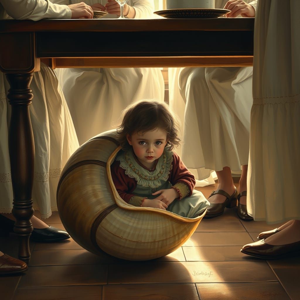 Child Hiding in Shell, Pre-Raphaelite Style Painting