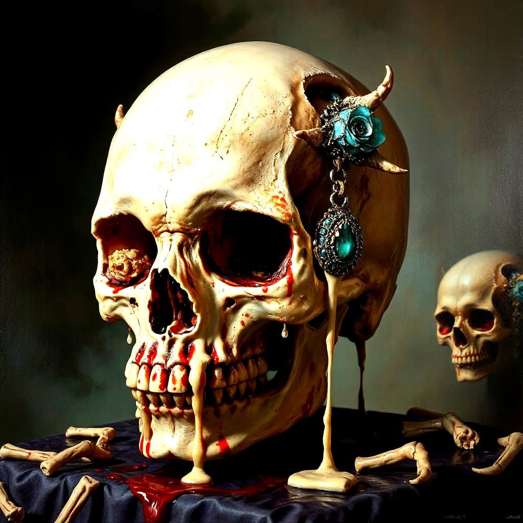 Skull luxury surrealism, macabre, horror art, dripping, deca...