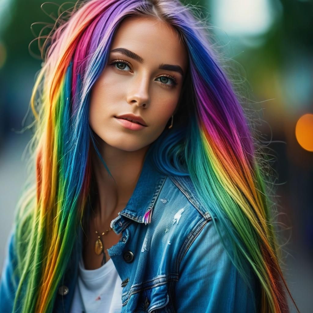 Rainbow Hair Portrait in Hyperrealistic Style