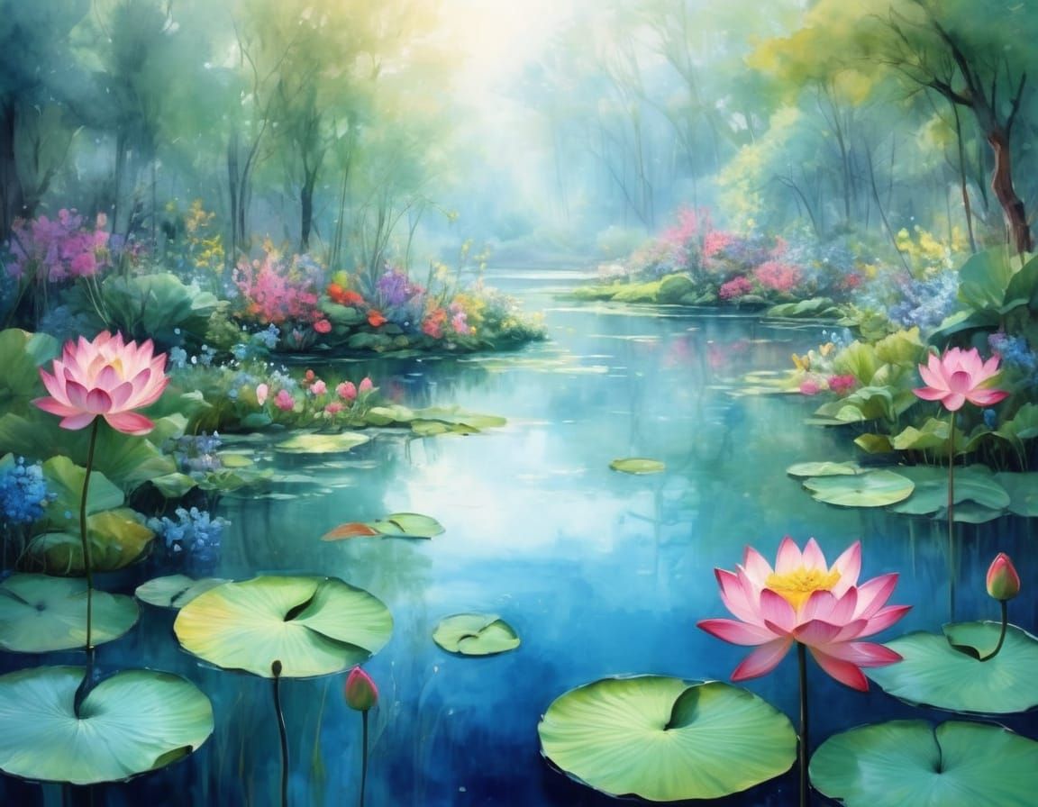 Dreamy Water Garden in Soft Watercolor Style