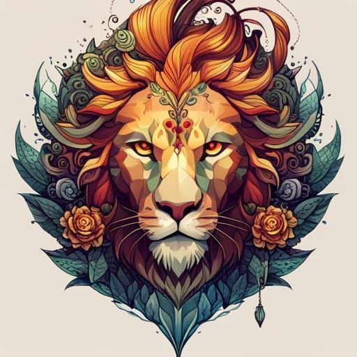 Luminous Lion Digital Painting with Golden Outlines