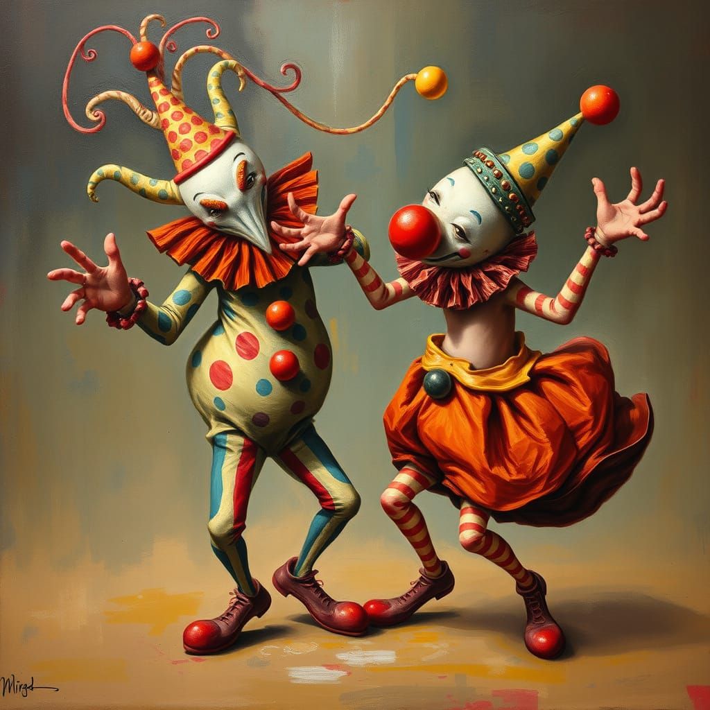 Surreal Clown-Beast Hybrids Dancing as Oil Painting