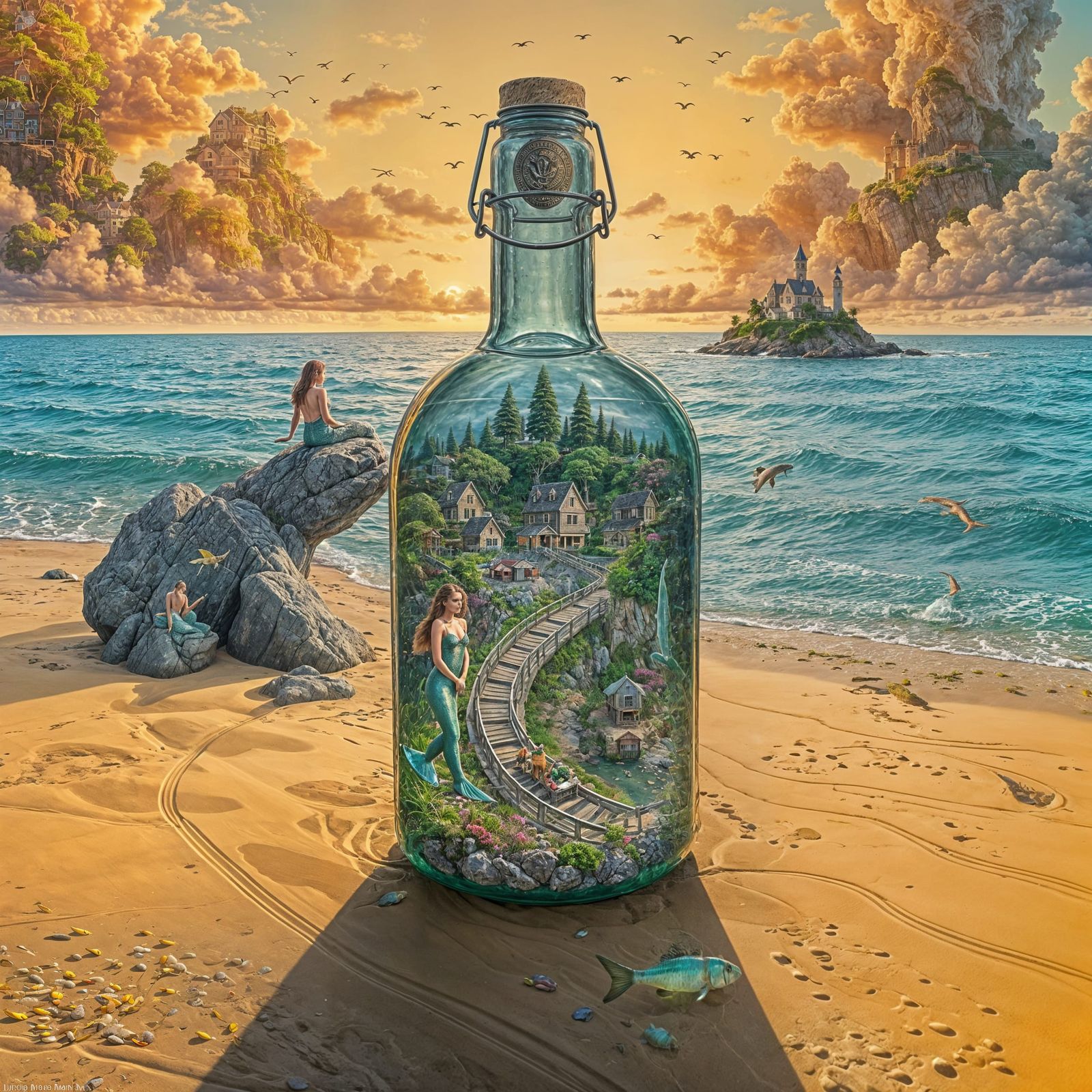 Mermaids and Fish in a Seaside World, with a Mysterious Bott...