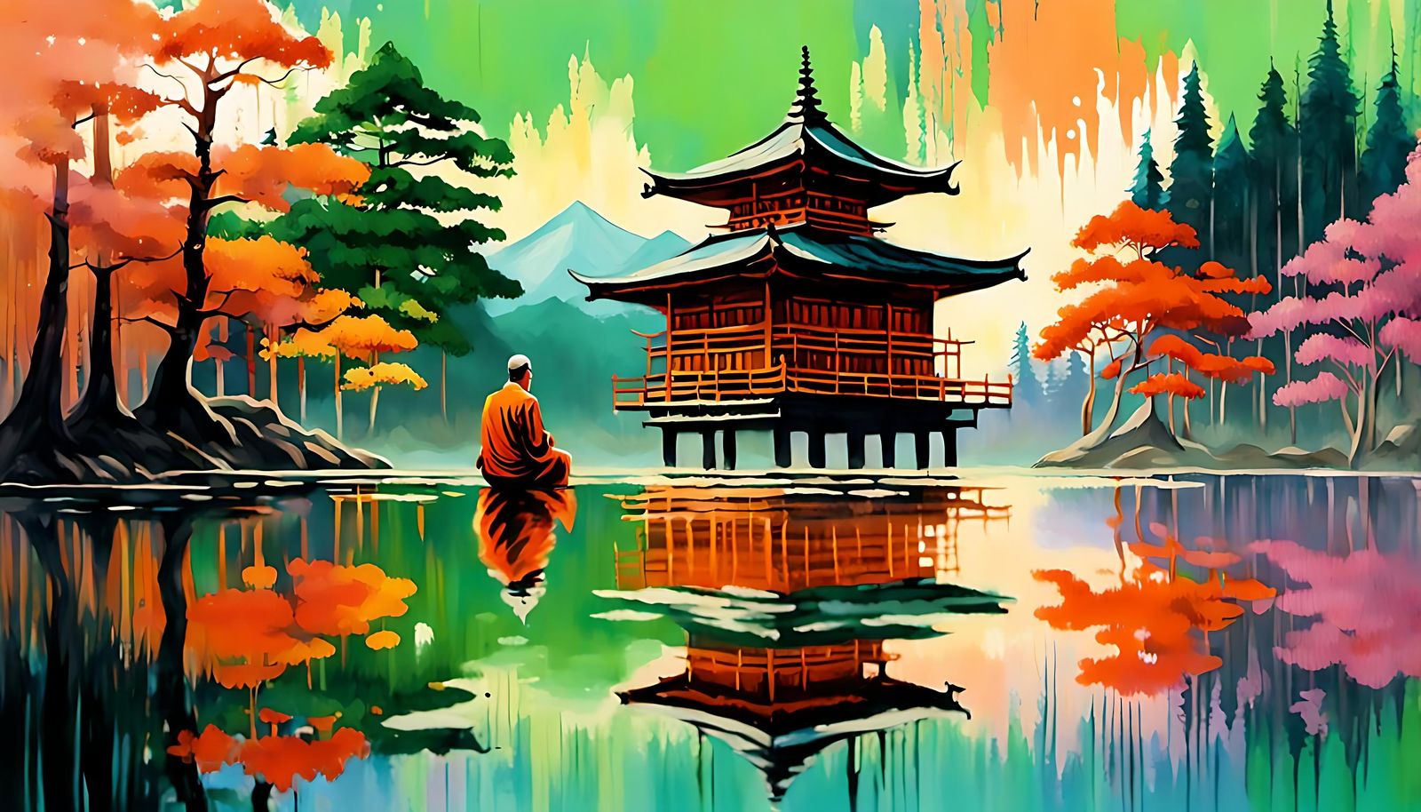 Monk Meditating by Lake: Palette Knife Art