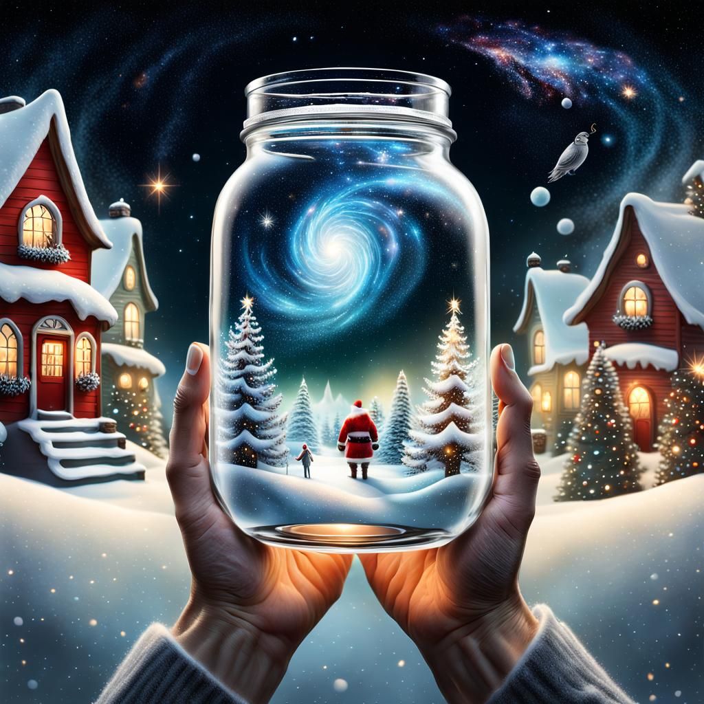 Bustling Christmas Universe Inside Mason Jar