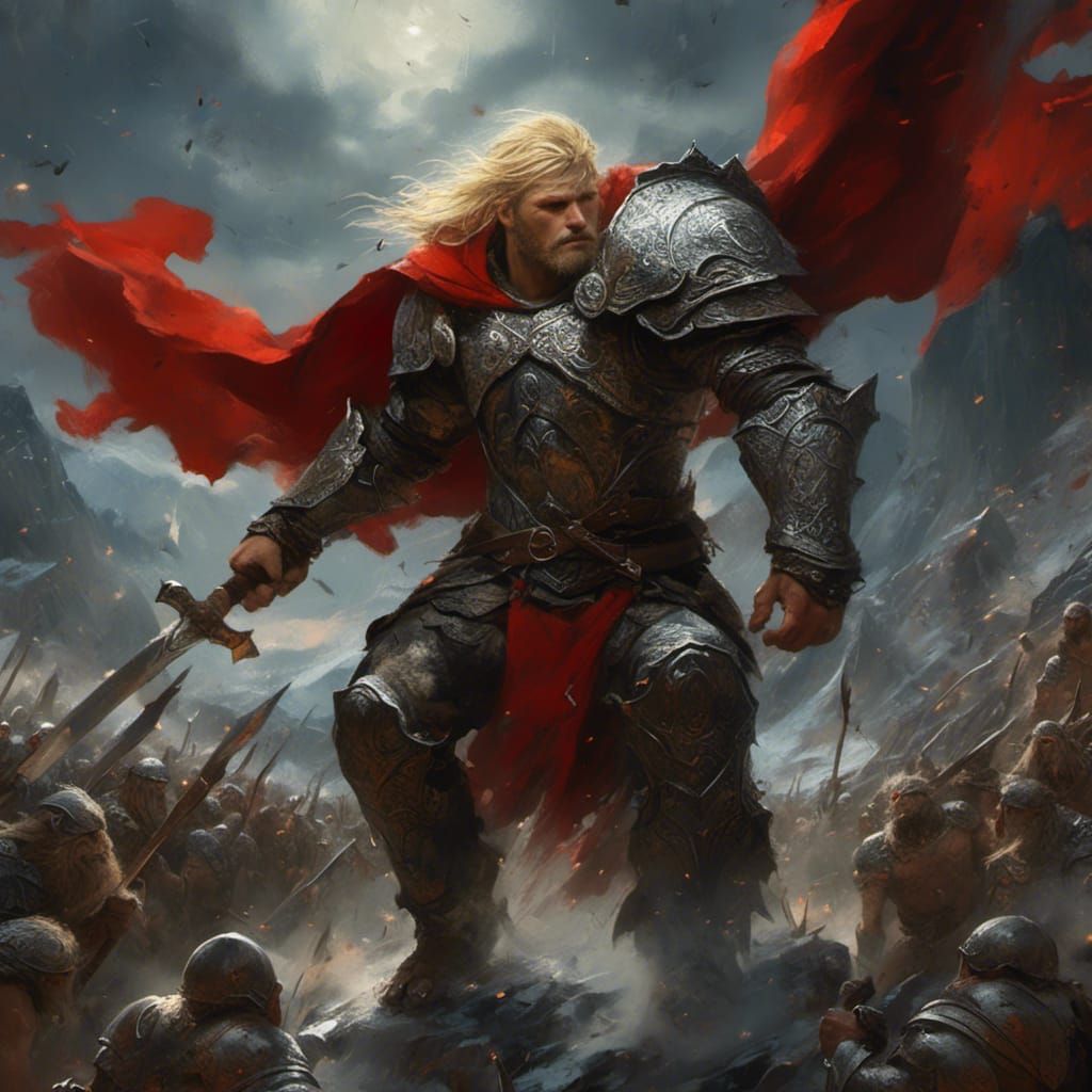 Blond Warrior Battles Orcs in Mountainous Landscape