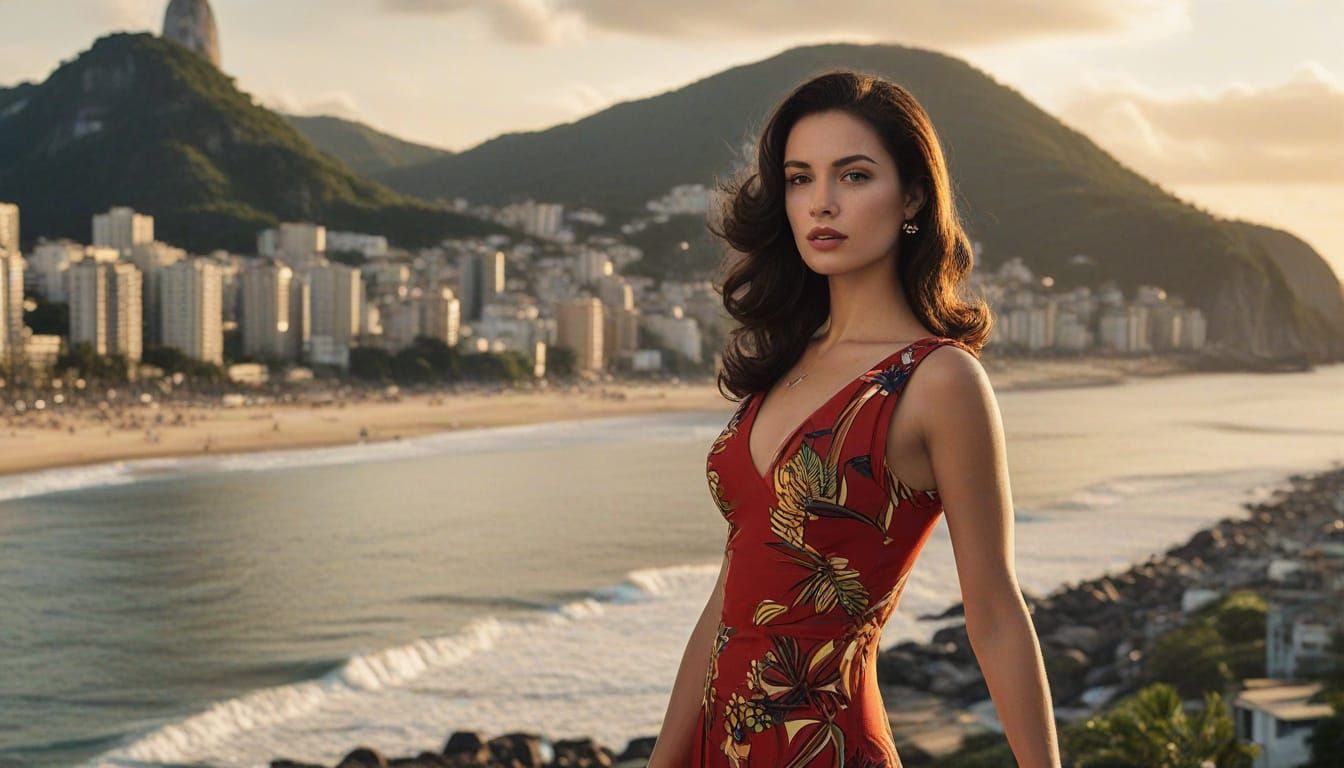 Woman in 60s Red Dress in Copacabana