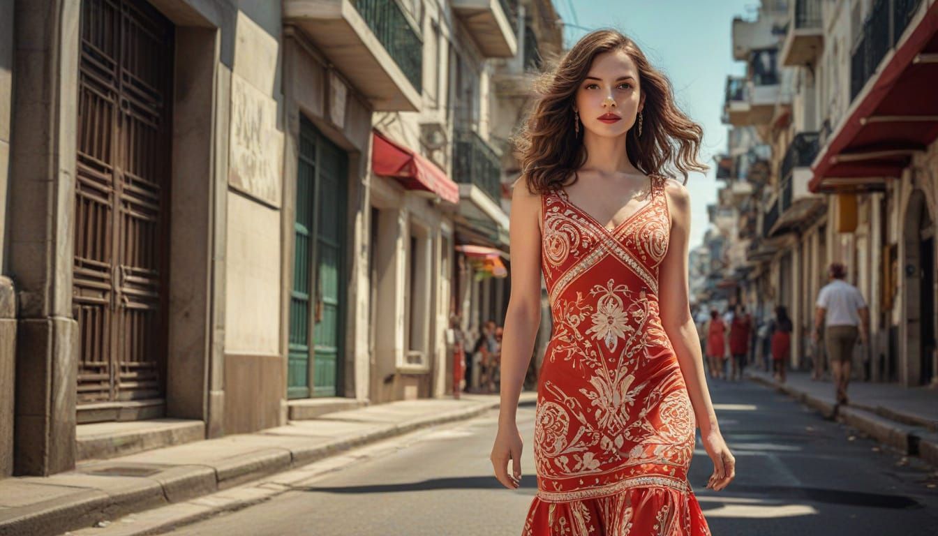 1960s Red Dress Woman in Copacabana Oil Painting