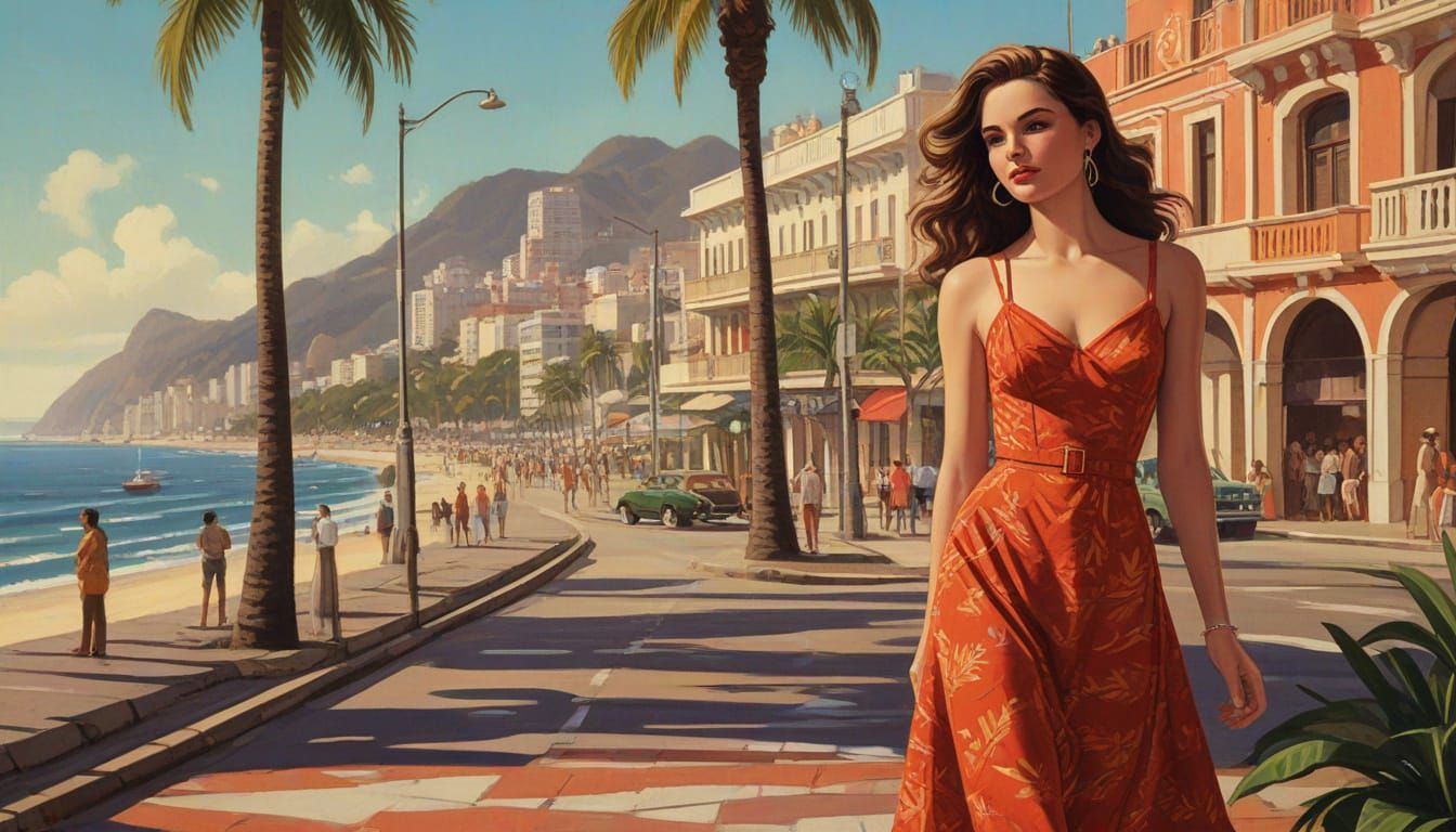 1960s Red Dress in Copacabana Oil Painting