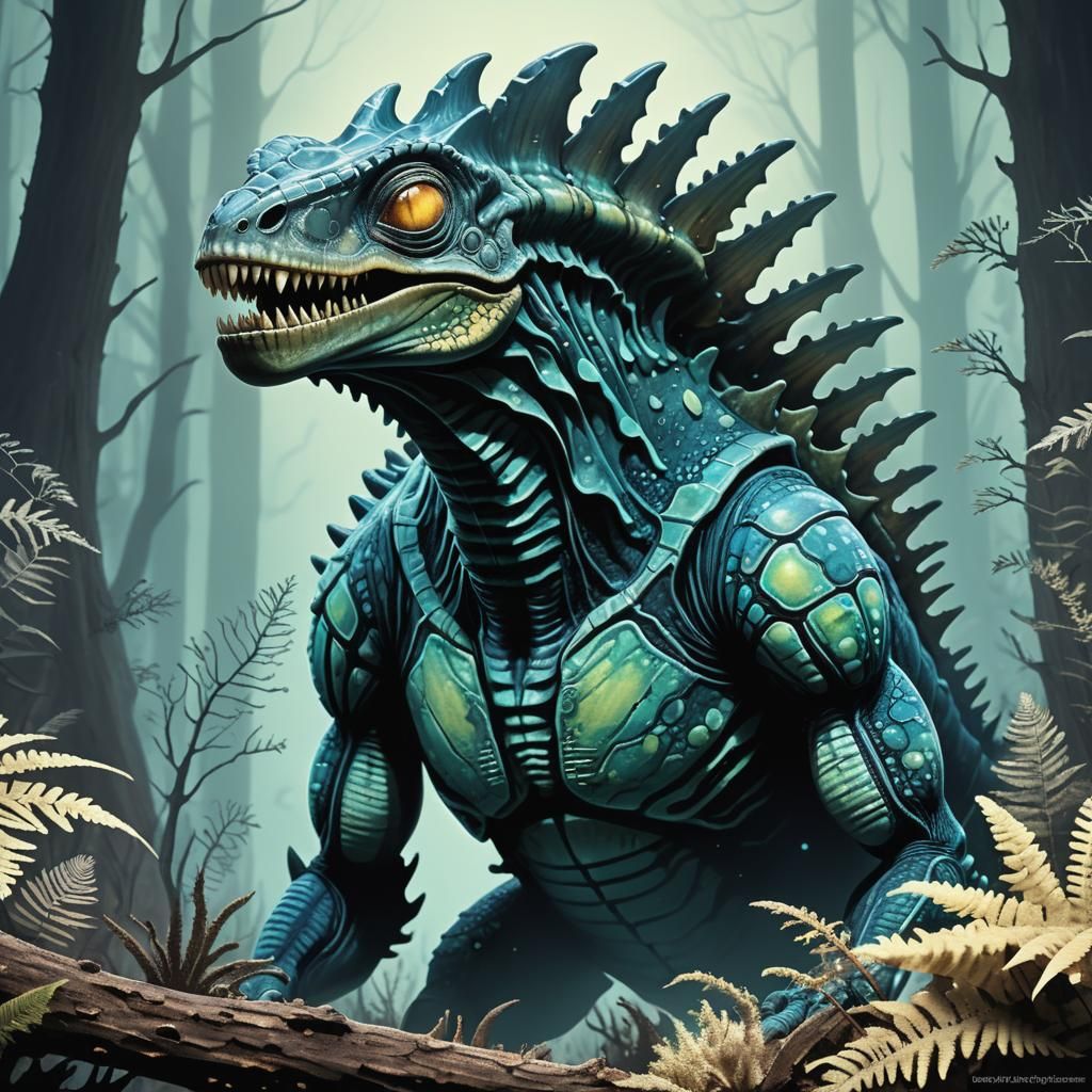 Mesozoic Alien Life Form in Bioluminescent Forest