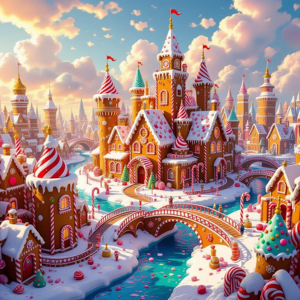 Whimsical Gingerbread Metropolis with Chocolate Rivers