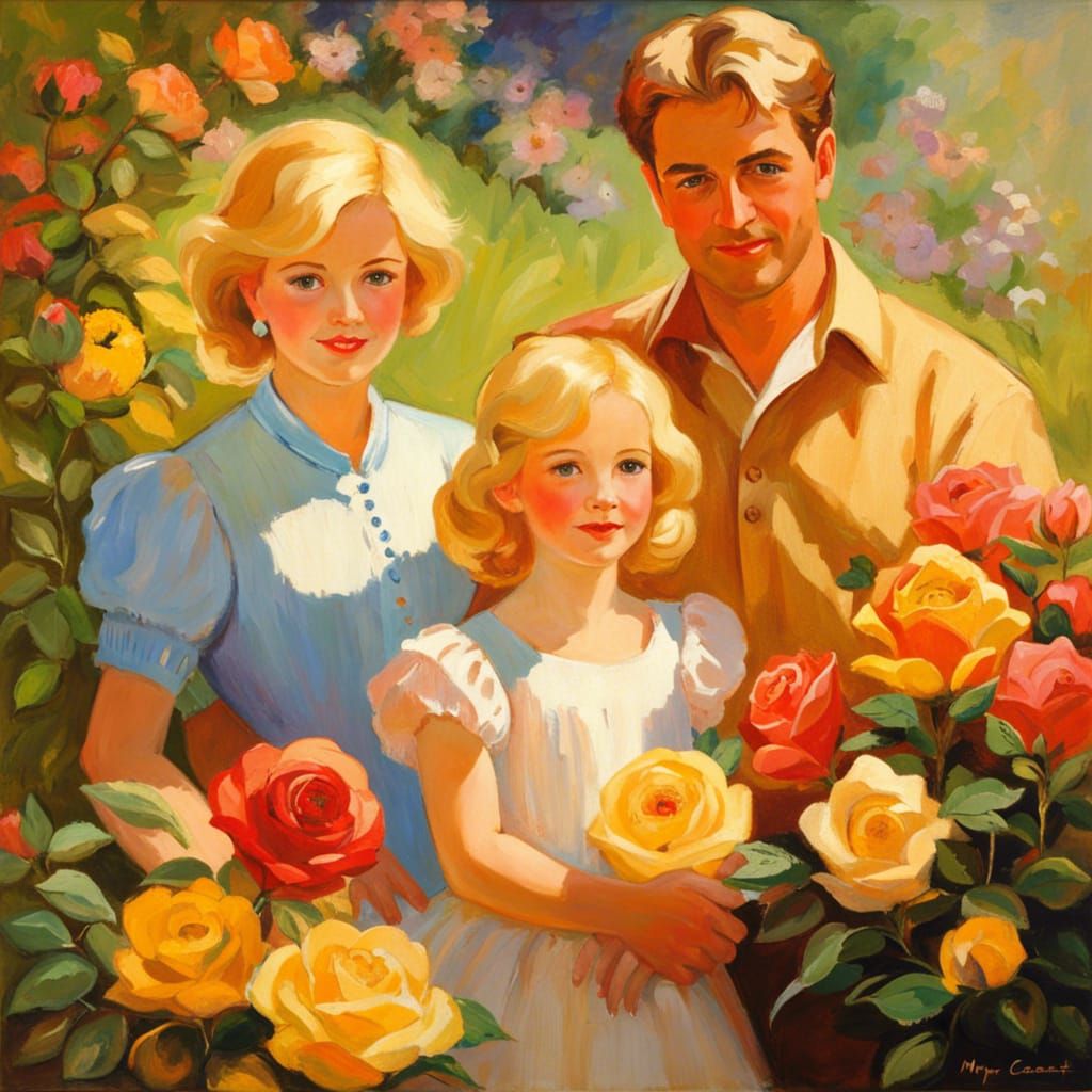 Family in Rose Garden: Impressionist Oil Painting