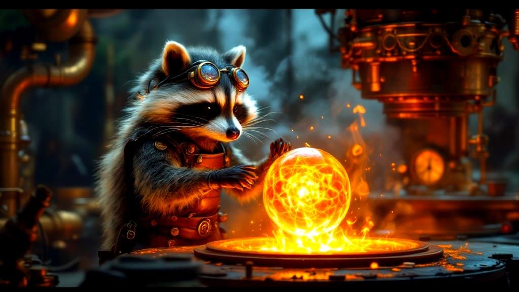 Steampunk Raccoon Crafts Glass in Industrial Furnace