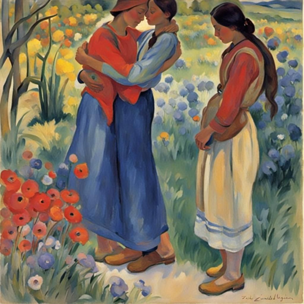 Loving Embrace in Impressionistic Style