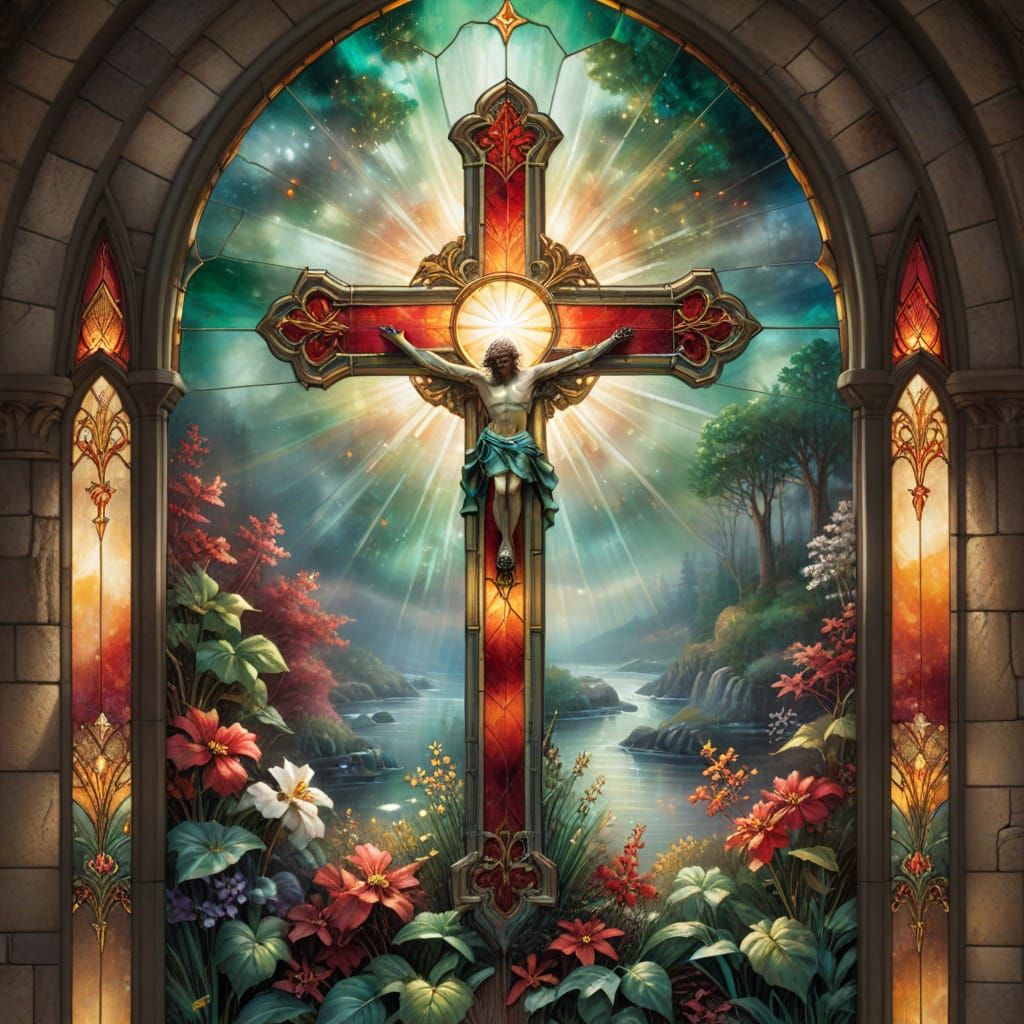 Stained Glass Cross Window in Ethereal Mist