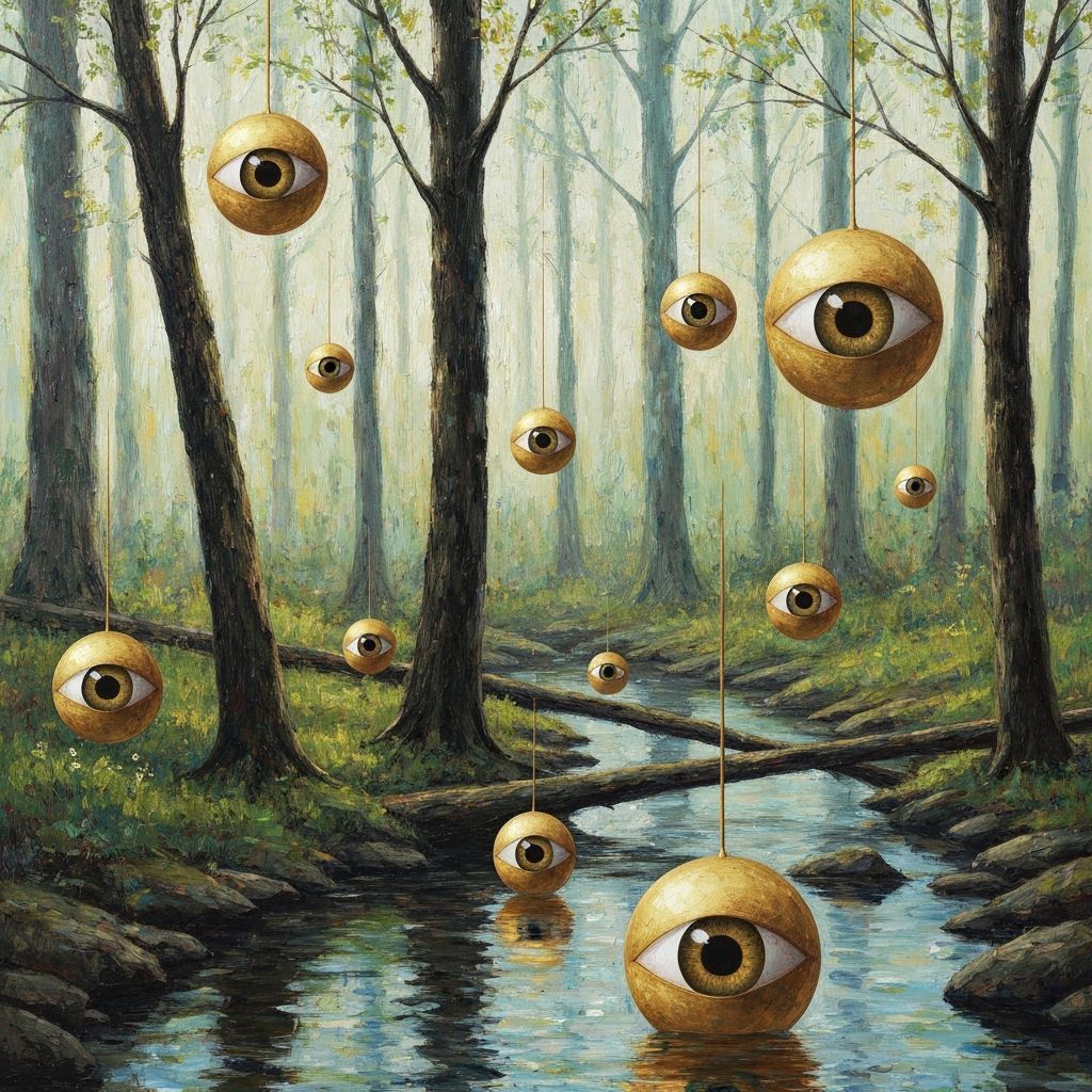 Surreal Forest Painting with Golden Eyeballs and Creek