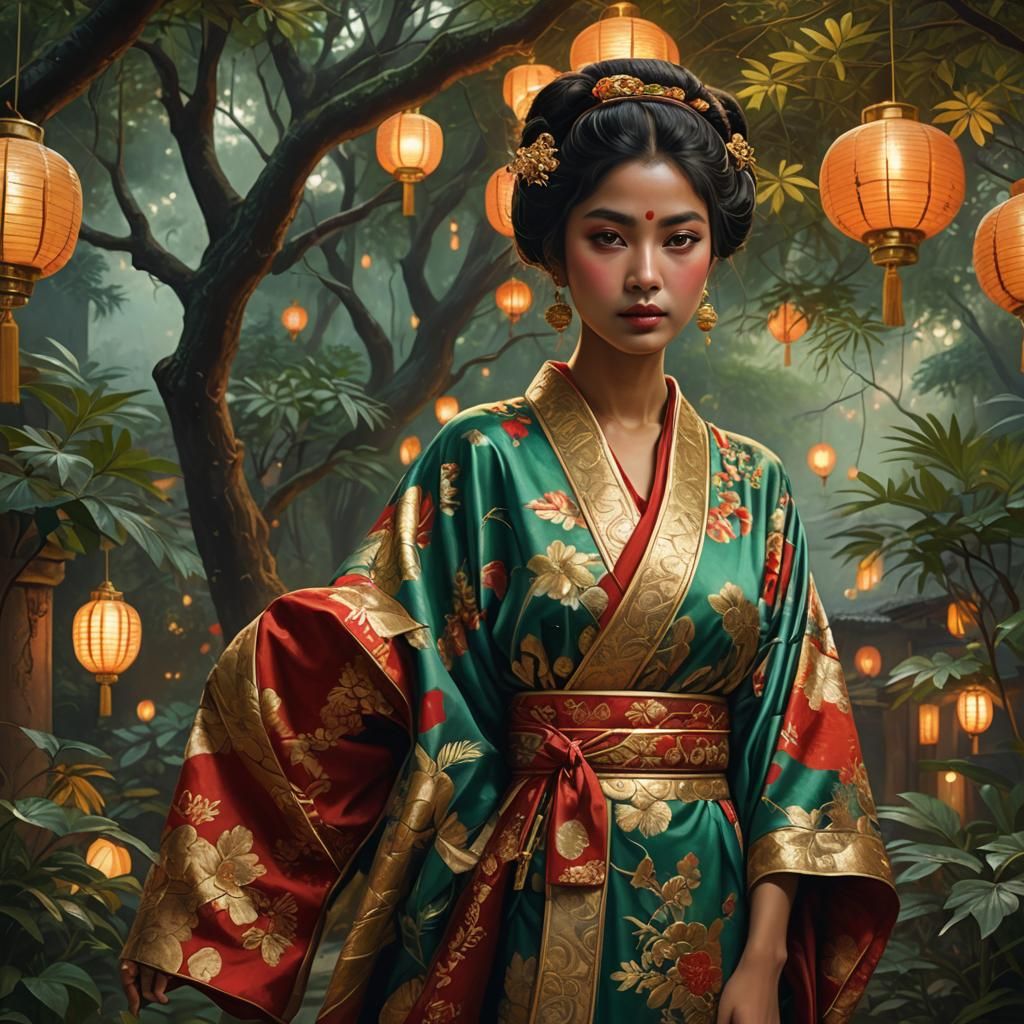 Indian Woman in Geisha Kimono, Digital Matte Painting