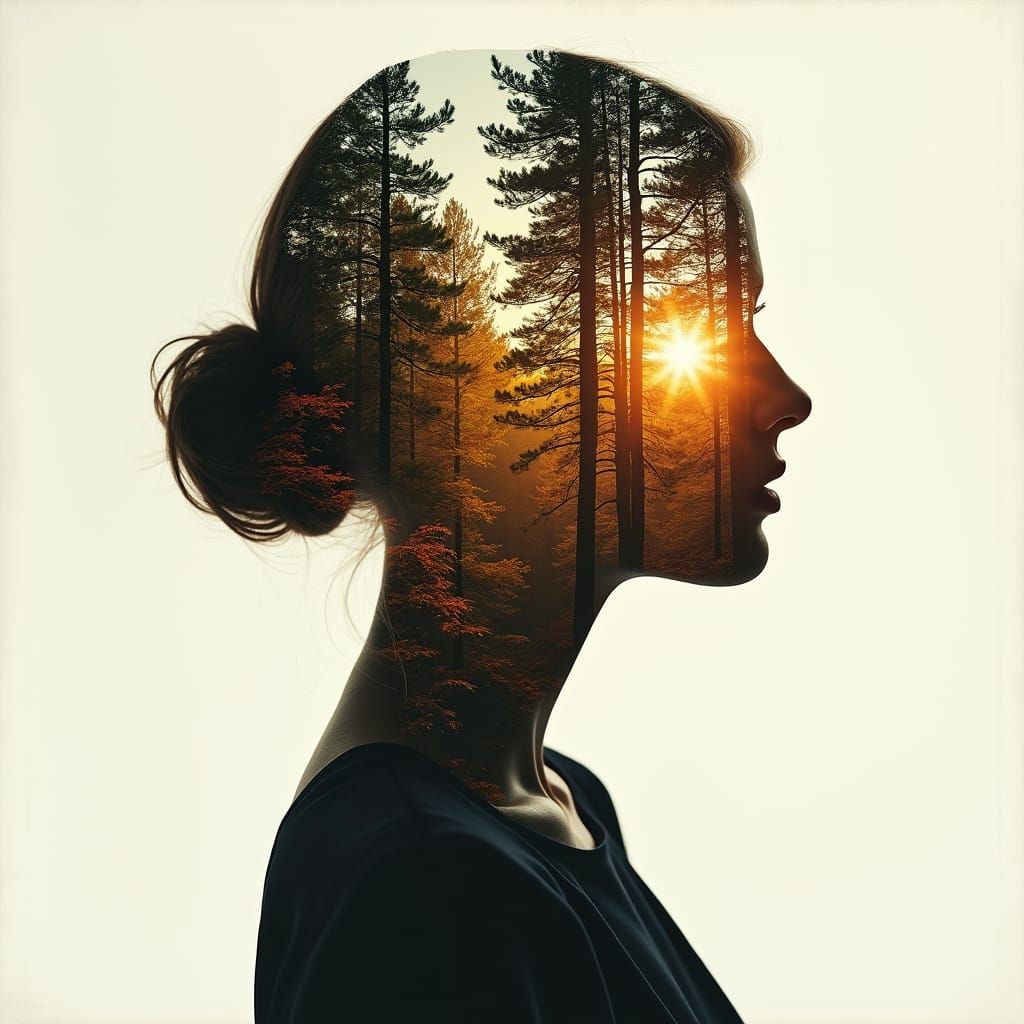 Surreal Portrait in Autumn Landscape, Blending Reality and A...