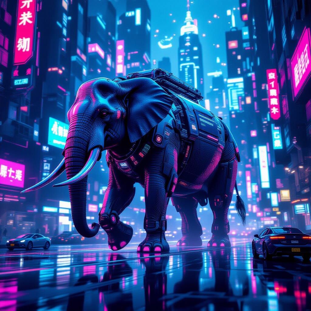 Cybernetic Elephant in Neon Cyberpunk Cityscape