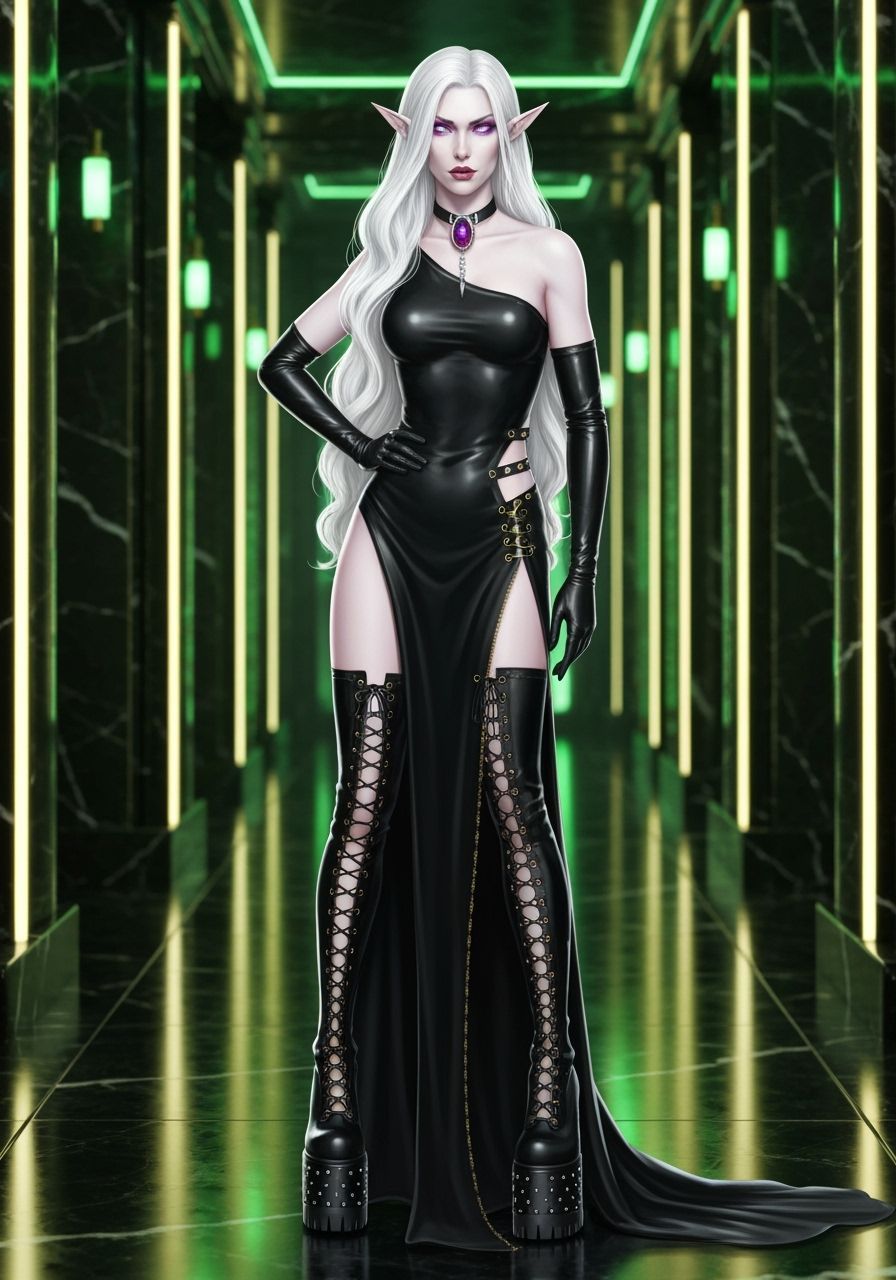 Elven Woman in Enchanted Corridor, Latex Dress