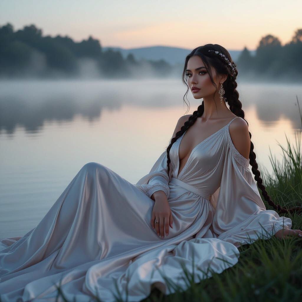 Woman in Silk Gown by Misty Lake, Surreal Digital Art