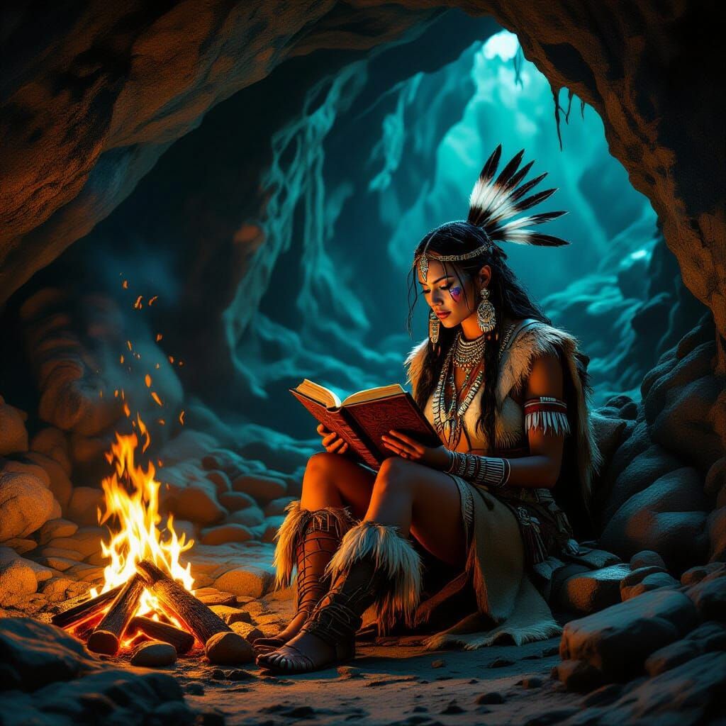Primal Shaman Reading by Firelight in Cave
