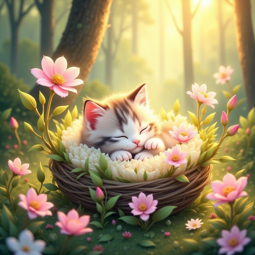 Kitten Asleep in Flower Nest, Anime-Inspired 3D Art