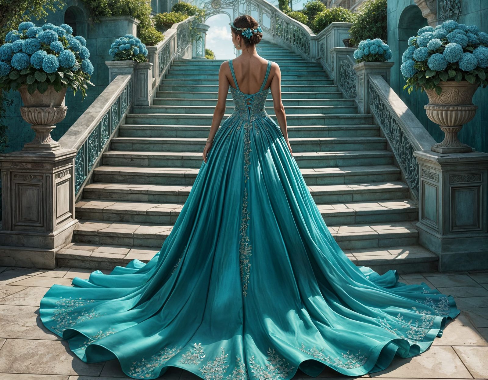 Elegant Woman on Staircase Wearing Turquoise Ballgown