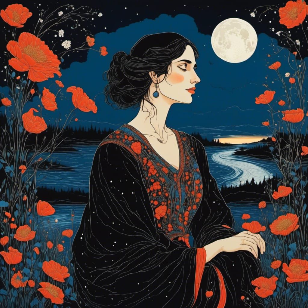 Moonlit Woman Portrait in Palekh Style