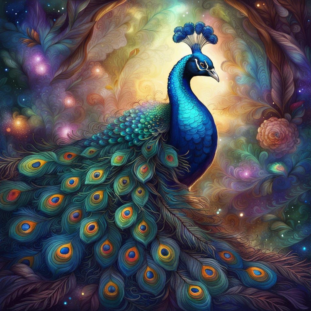 beautifully decorated, colorful peacock with feathers displa...
