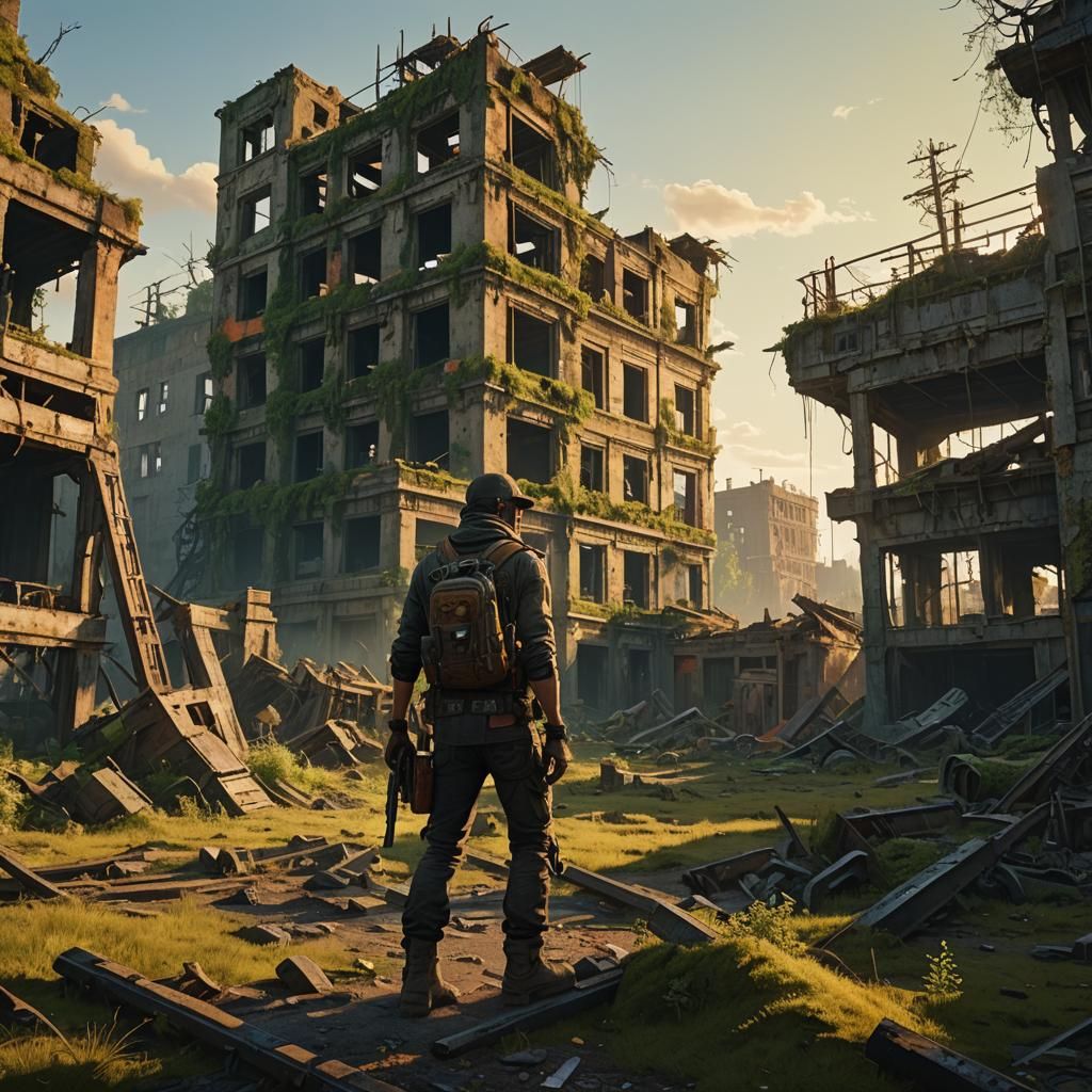 Post-Apocalyptic Landscape with Survivor in Primitive Style