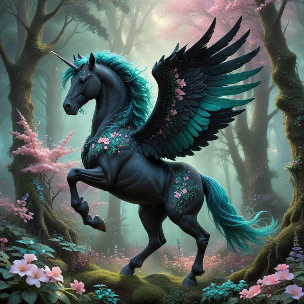 Ethereal Pegasus With Flowers in Mystical Forest