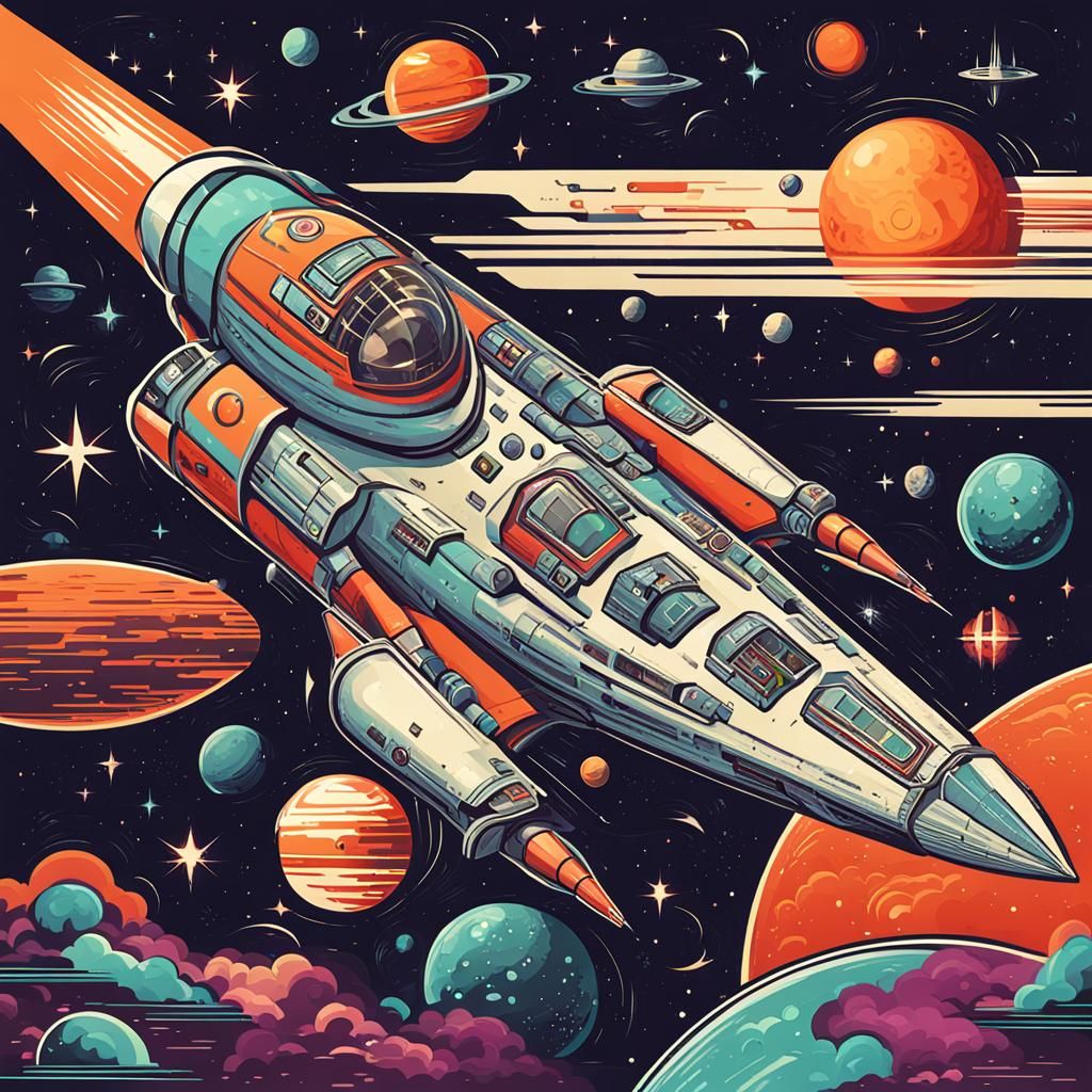 Retrofuturistic, cosmic, rocketship