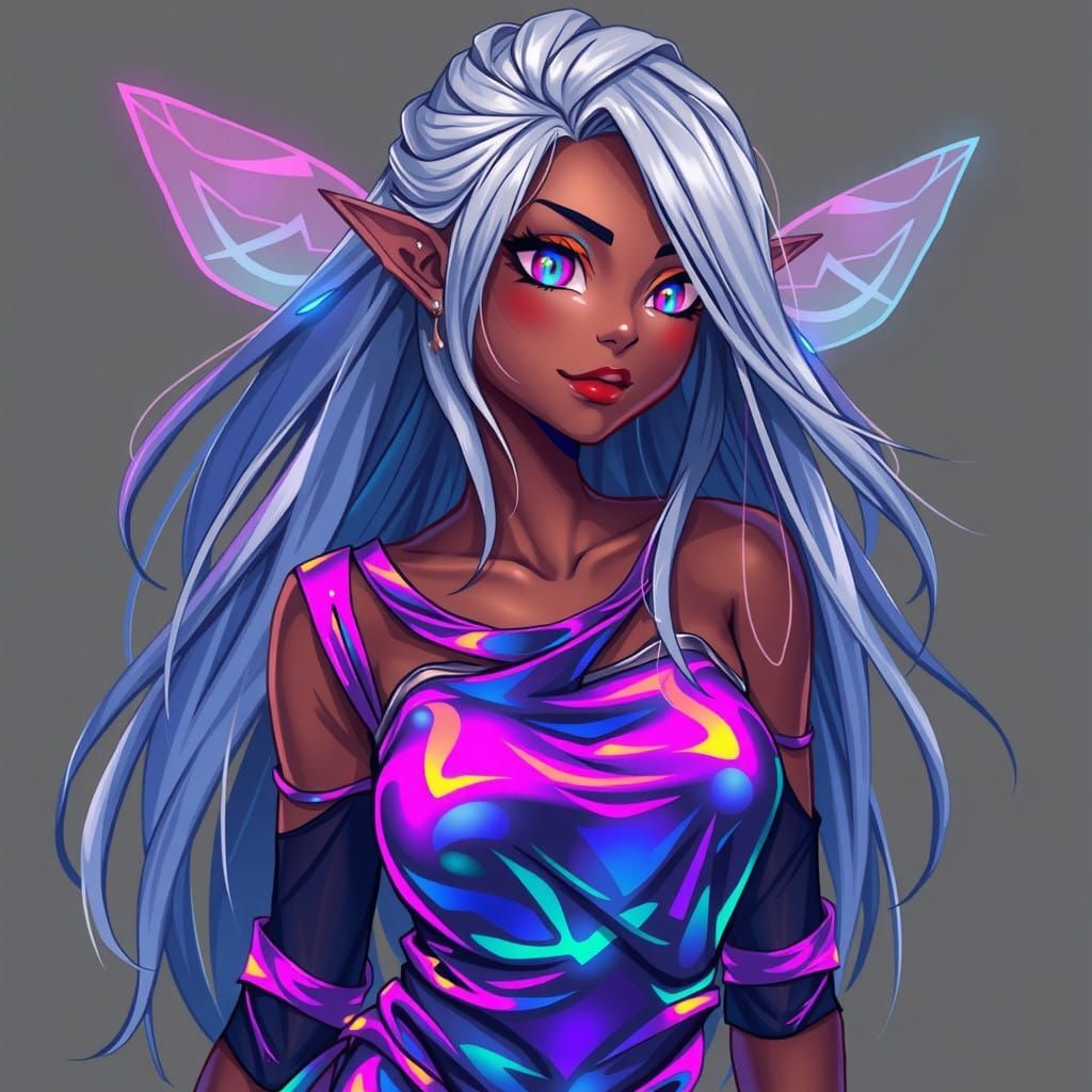 Moonlit Fae in Iridescent Armor, Cyberpunk Anime Style