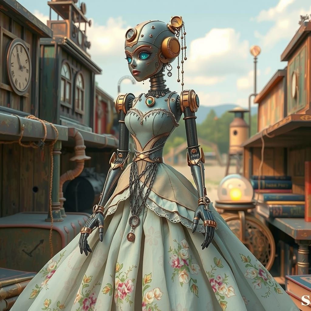Whimsical Copper Robot in Floral Dress Reminisces on Adventu...