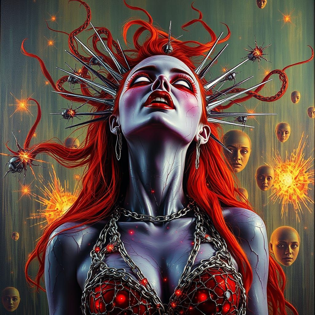 Diabolical Woman with Fiery Hair and Glowing Eyes