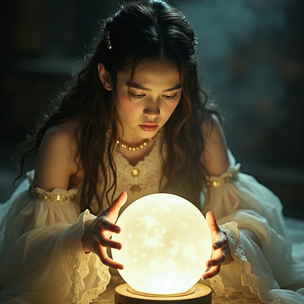 Mystical Woman Gazing into Crystal Ball: Hyperrealistic Fant...