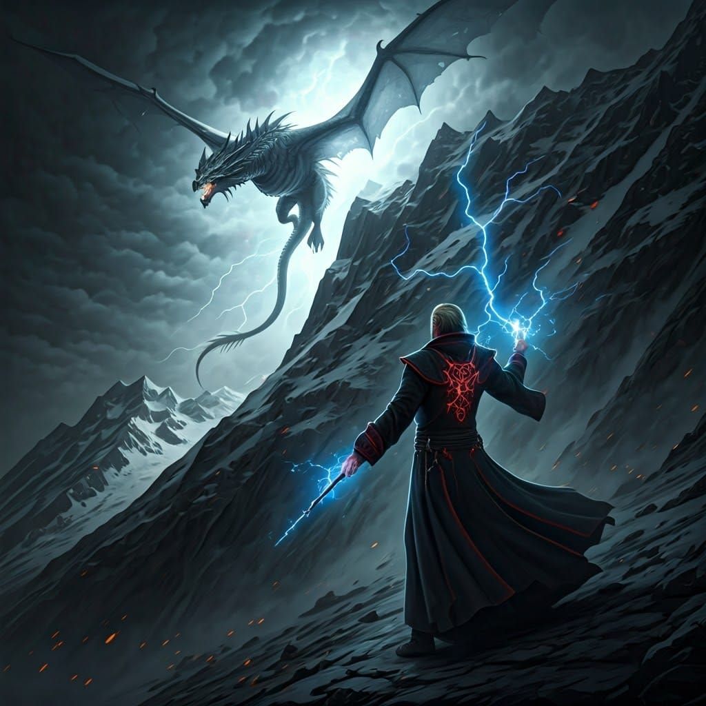 Wizard Unleashes Lightning Dragon in Surreal Landscape
