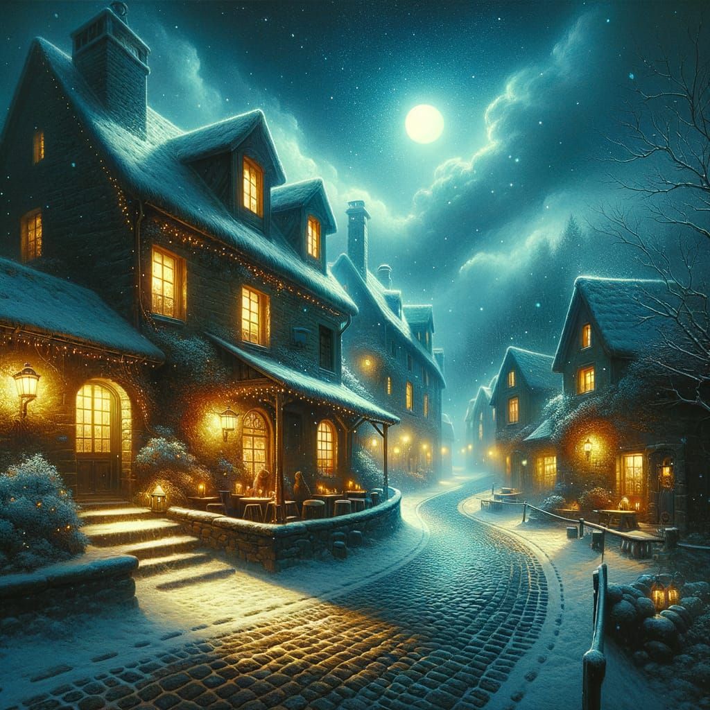 Snowy Tavern at Night: A Digital Painting