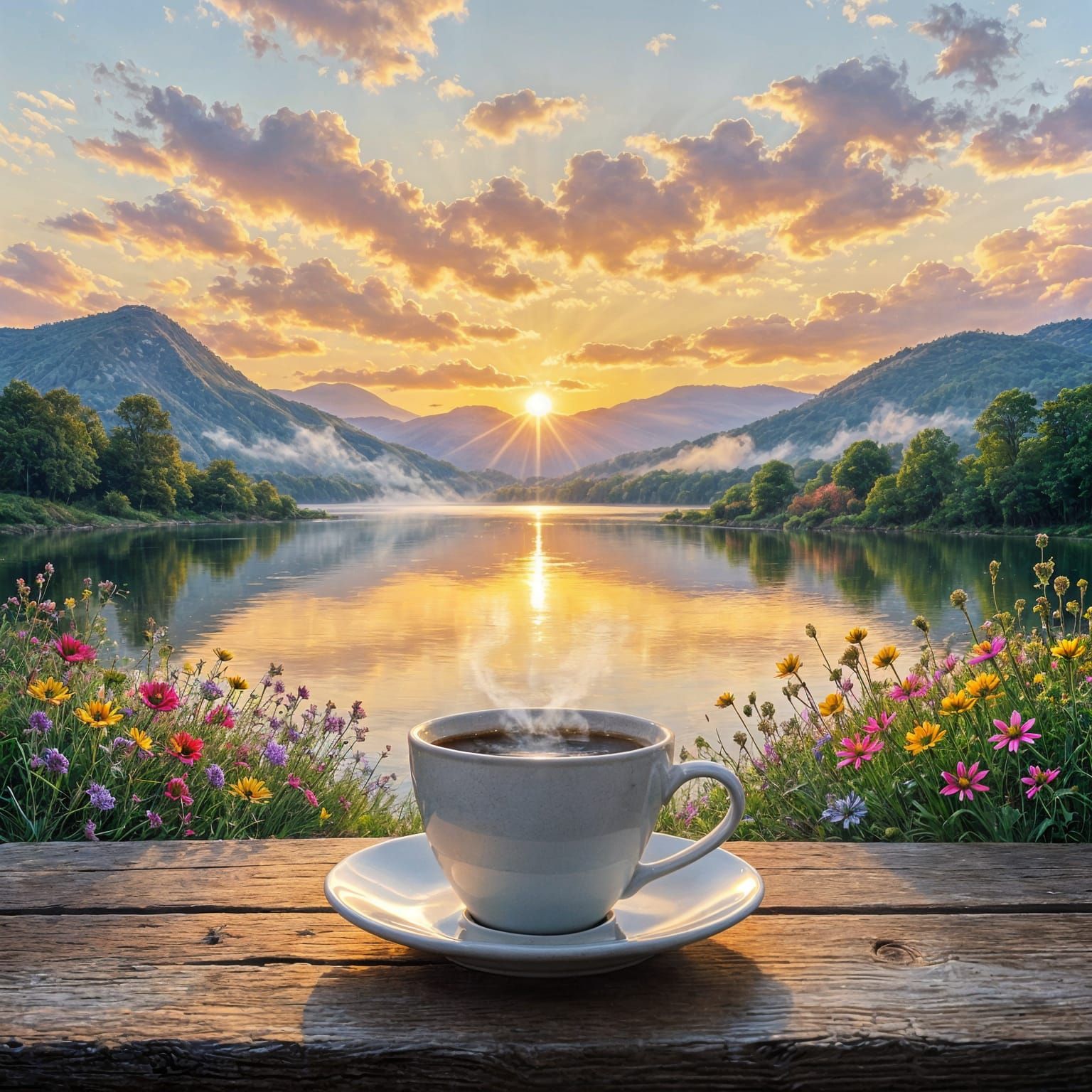 Steaming Coffee Cup at Sunrise Over Rolling Hills
