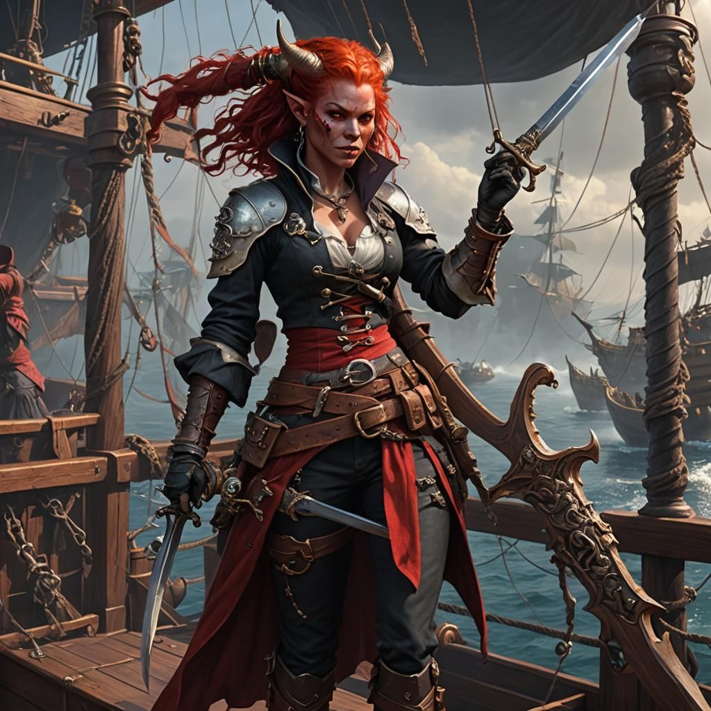 Tiefling Pirate on Ship, Dark Fantasy Concept Art