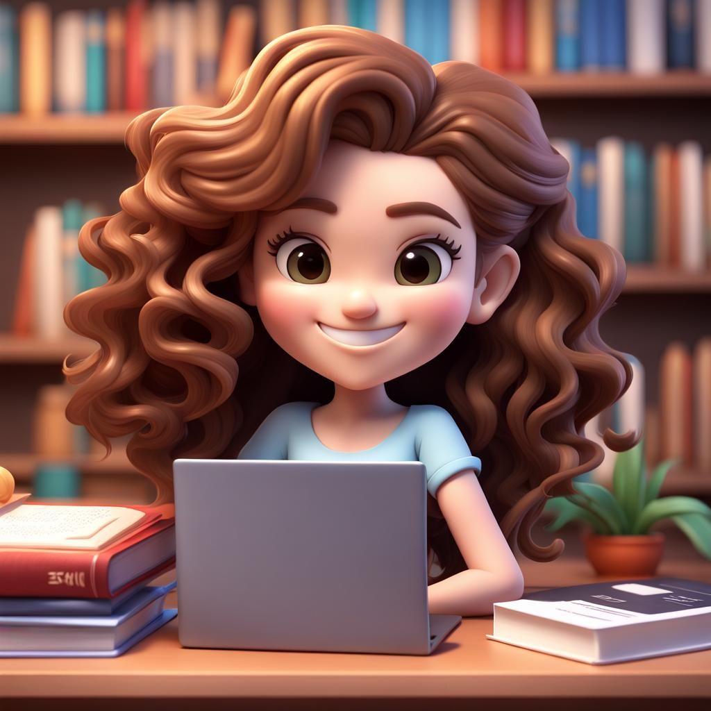 Chibi Woman at Desk in Pixar Style