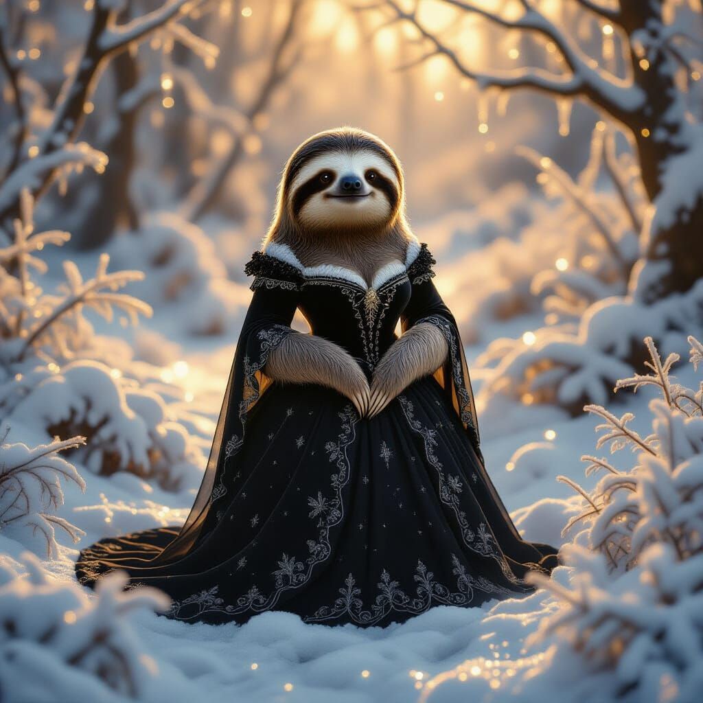Elegant Gothic Sloth in Sparkling Winter Landscape