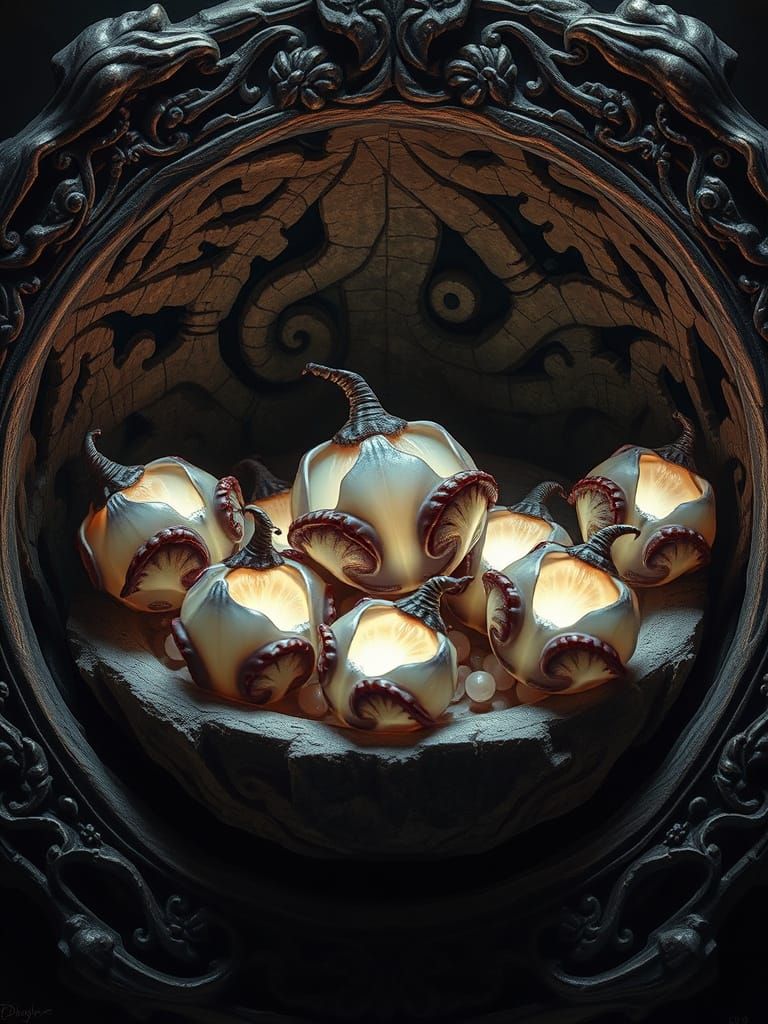 Alien Fruits in Ancient Bowl: Surreal Fantasy Art