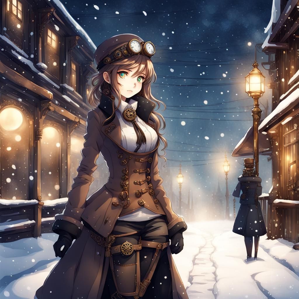 Steampunk Anime Girl in Winter Wonderland