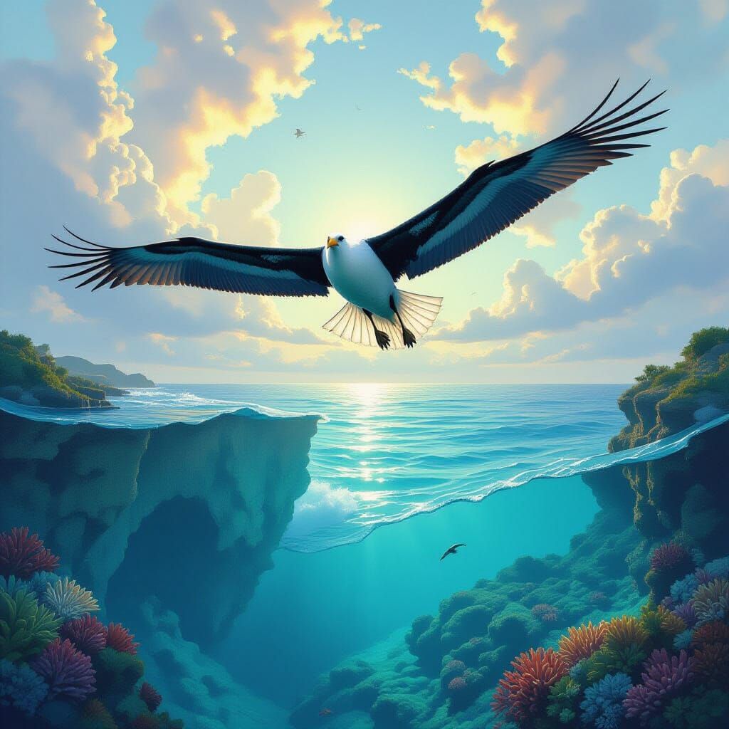Albatross Over Ocean, Dreamlike Surrealist Scene