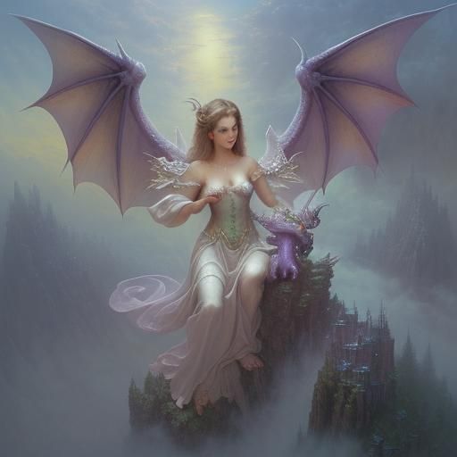 Dragon with Angel Wings in Ethereal Mist