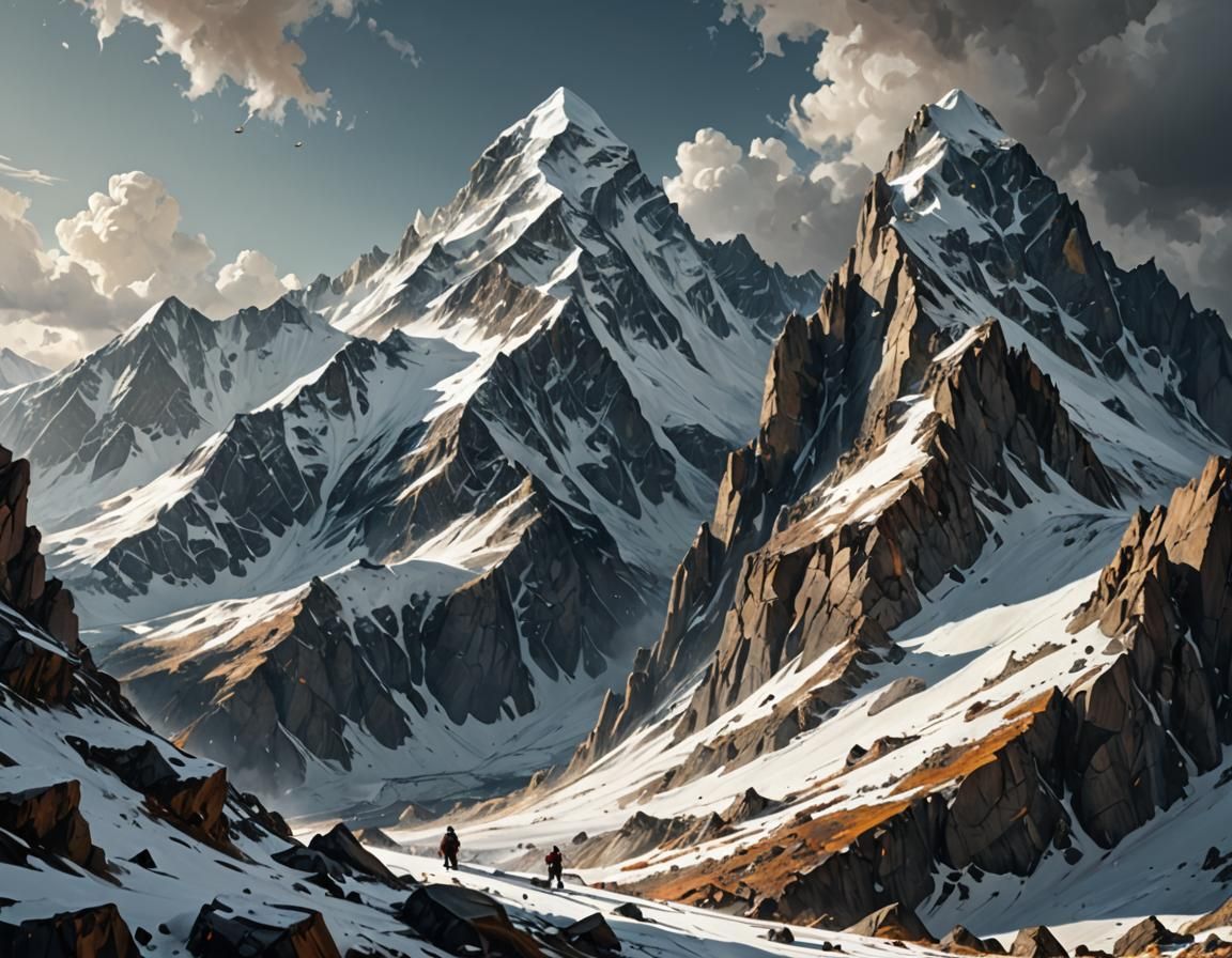 Snowcapped Mountains with Dramatic Lighting and Intricate De...